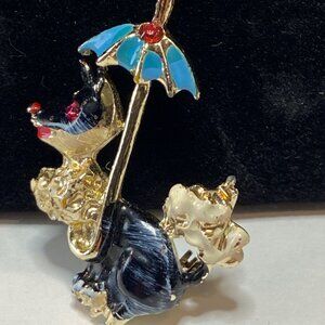 Vintage Poodle Brooch With Blue Umbrella & Rhinestone Eyes J0134